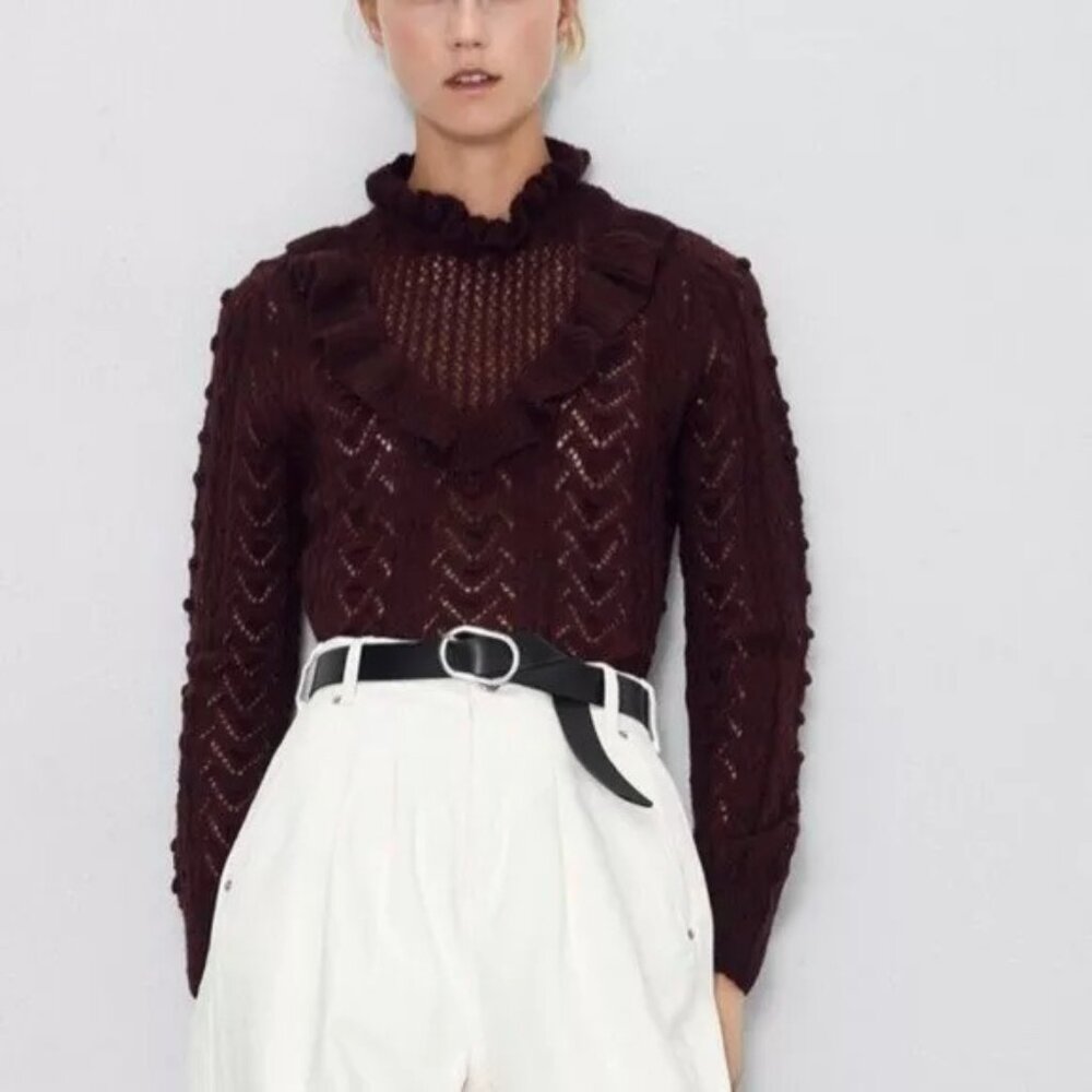 Zara Women's Burgundy Knit Ruffle Sweater S